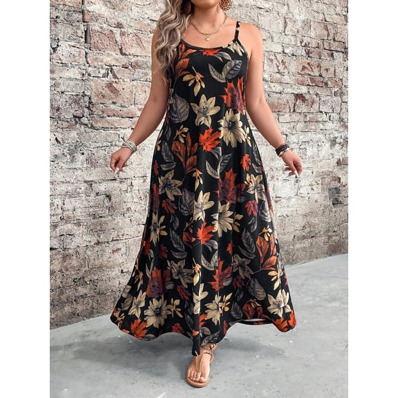 Womens Plus Size Floral Print Maxi Dress In Black Multicolor 4XL