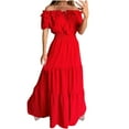 thumbnail image 3 of Feancey Women's 2025 Fashion Maxi Dresses Puff Sleeve Off Shoulder Cocktail Dress Elegant Dressy Wedding Guest Dresses Casual High Waist Pleated Formal Dresses,Red,S, 3 of 8