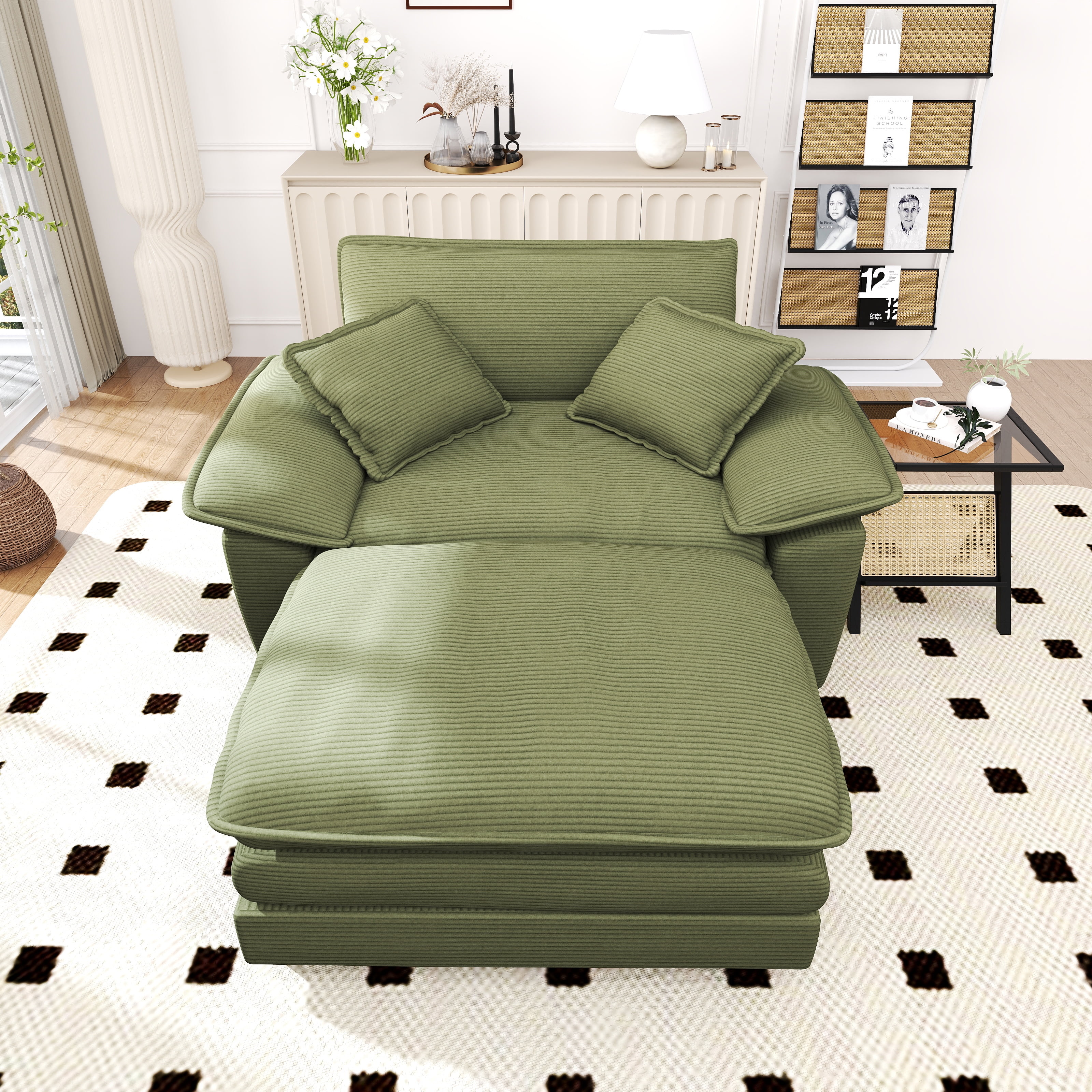 Lunale Oversized Lounge Chair & Ottoman Set - 48" Cloud Corduroy Accent Armchair for Modern Living/Bedroom, Green Corduroy