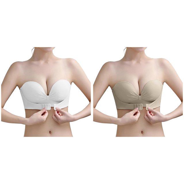 (2-Pack) Rinsvye Women Strapless Push Up Bra Backless Design Seamless Fit Full Support Comfortable Daily Wear Under Clothing Trendy Look