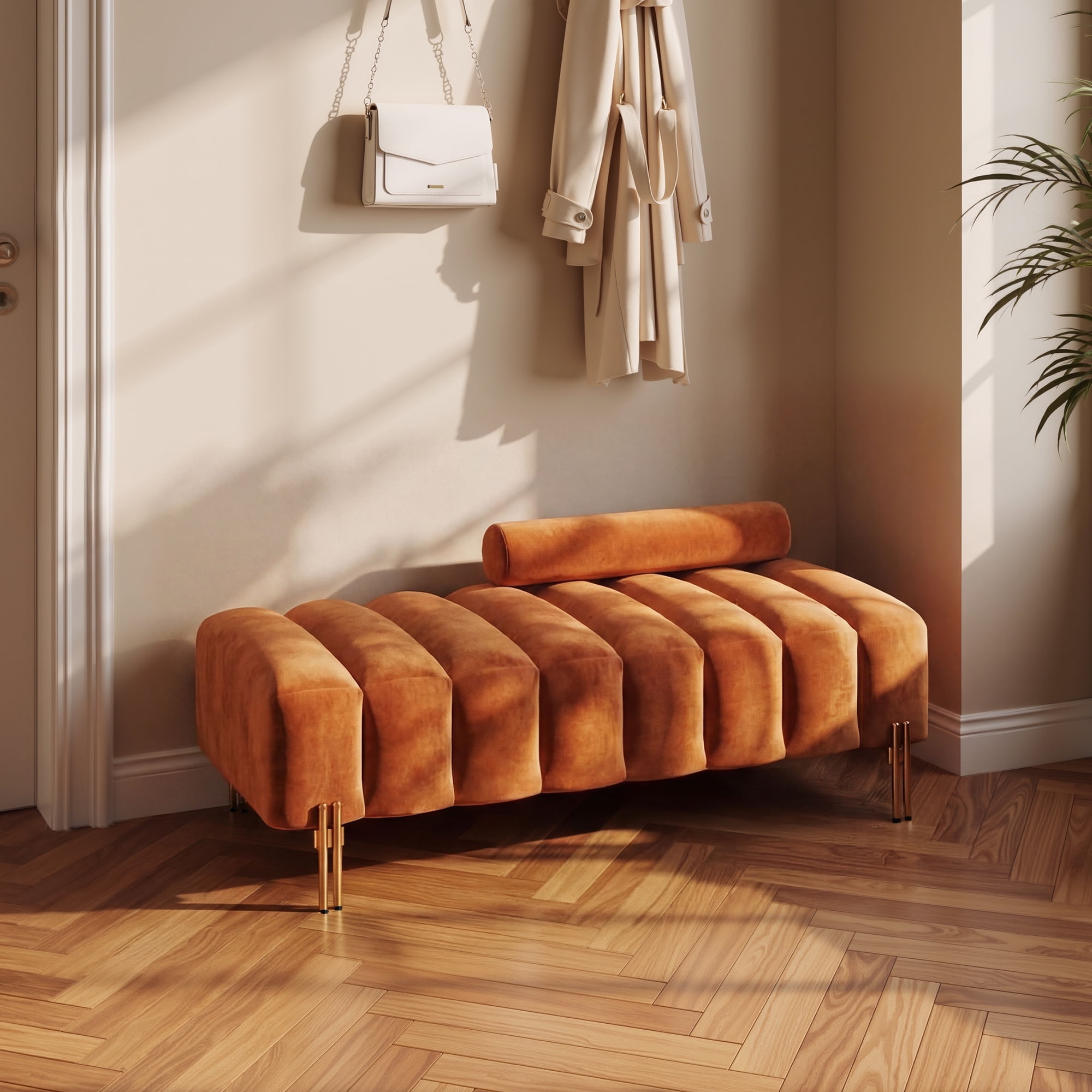 Wiilayok 52" Upholstered Velvet Ottoman Bench,End of Bed Bench with Gold Legs,Tufted Long Bench for Bedroom Living Room Foyer Indoor Entryway, Orange