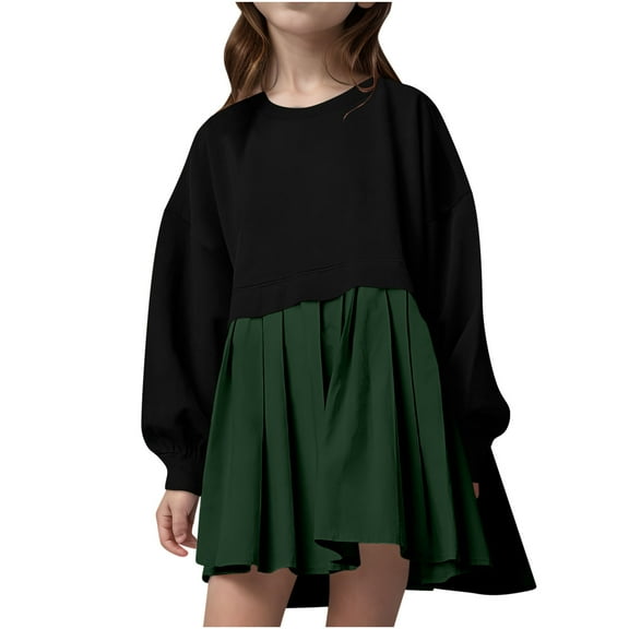 Qingpeng Toddler Girls Pleated Sweatshirt Dresses Kids Long Sleeve Crew Neck Dress