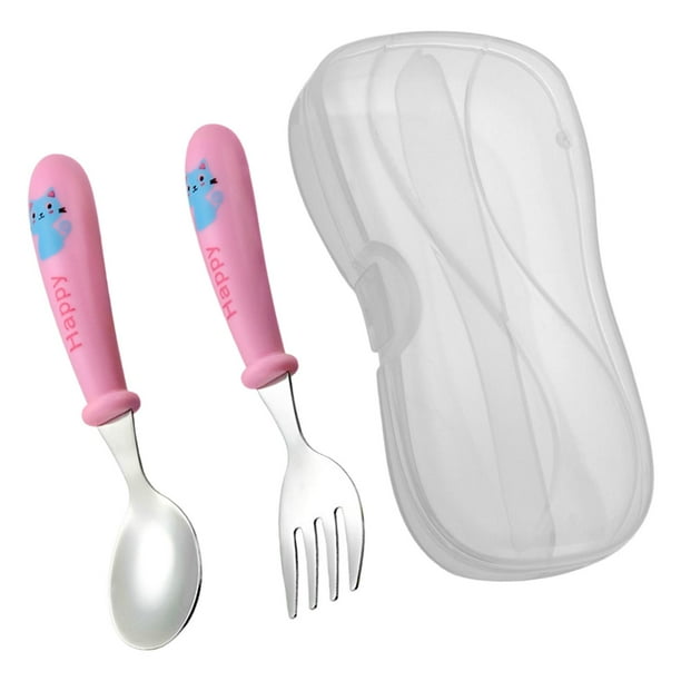 Juego de cuchara y tenedor de acero inoxidable con caja de almacenamiento, cubiertos portátiles, diseño de dibujos animados Rosa