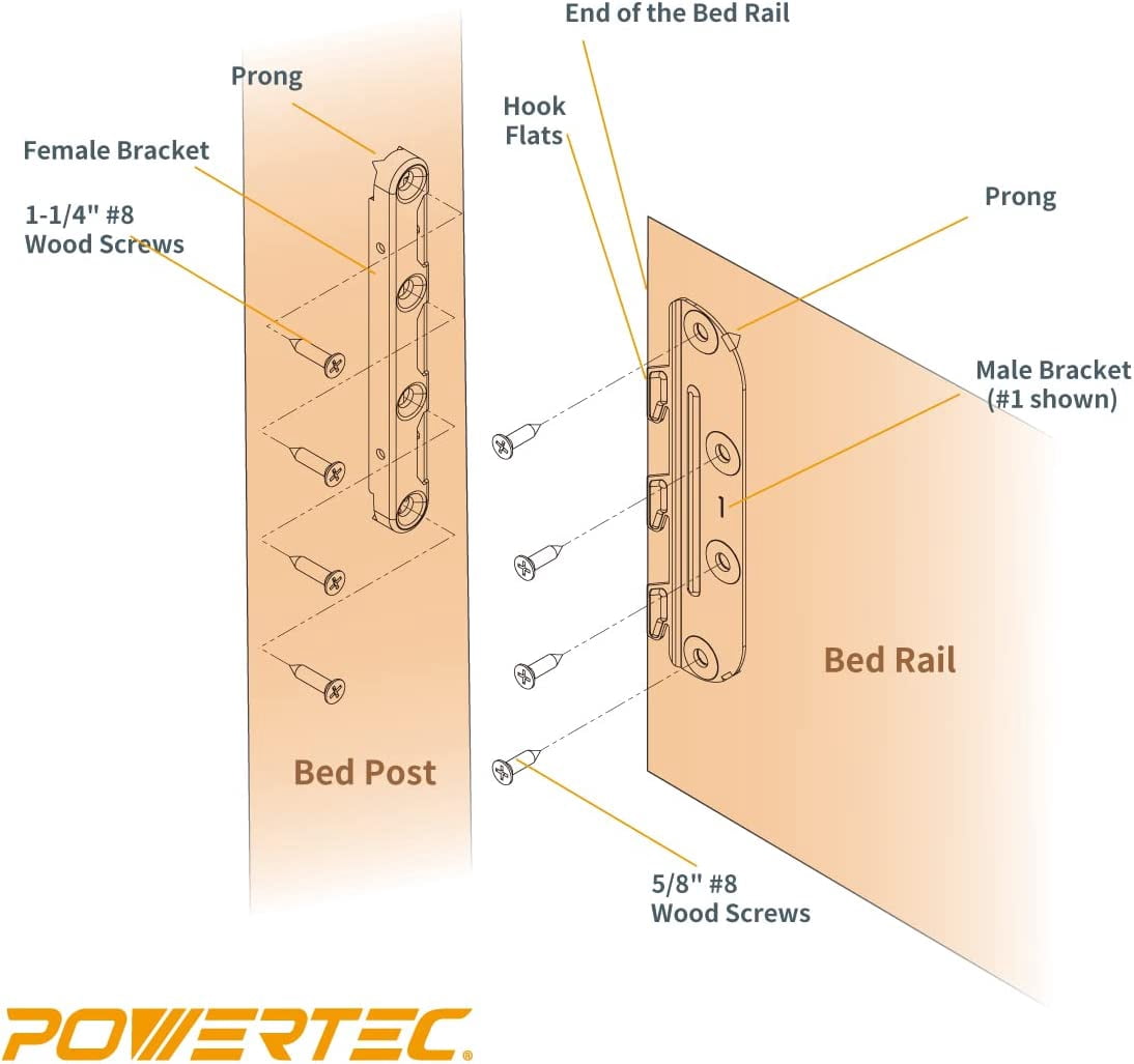 POWERTEC 8 Set Surface Mounted Bed Rail Brackets, Bed Frame Fasteners Hardware with Mounting Screws, Bed Rail Hooks for Wood Bed Frame, Silver, 71425-P2