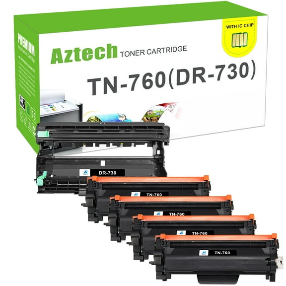 AAZTECH 5-Pack Compatible Toner Cartridge TN-760 & Drum Unit DR-730 for Brother HL-L2395DW MFC-L2750DW MFC-L2710DW HL-L2390DW HL-L2350DW Printer (4*Black Toner Cartridge,1*Drum)