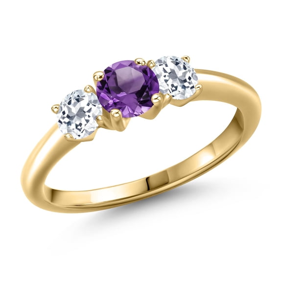 Gem Stone King 10K Yellow Gold Purple Amethyst and White Topaz Engagement Ring for Women | 1.14 Cttw | Round 5MM | Gemstone February Birthstone | Size 7