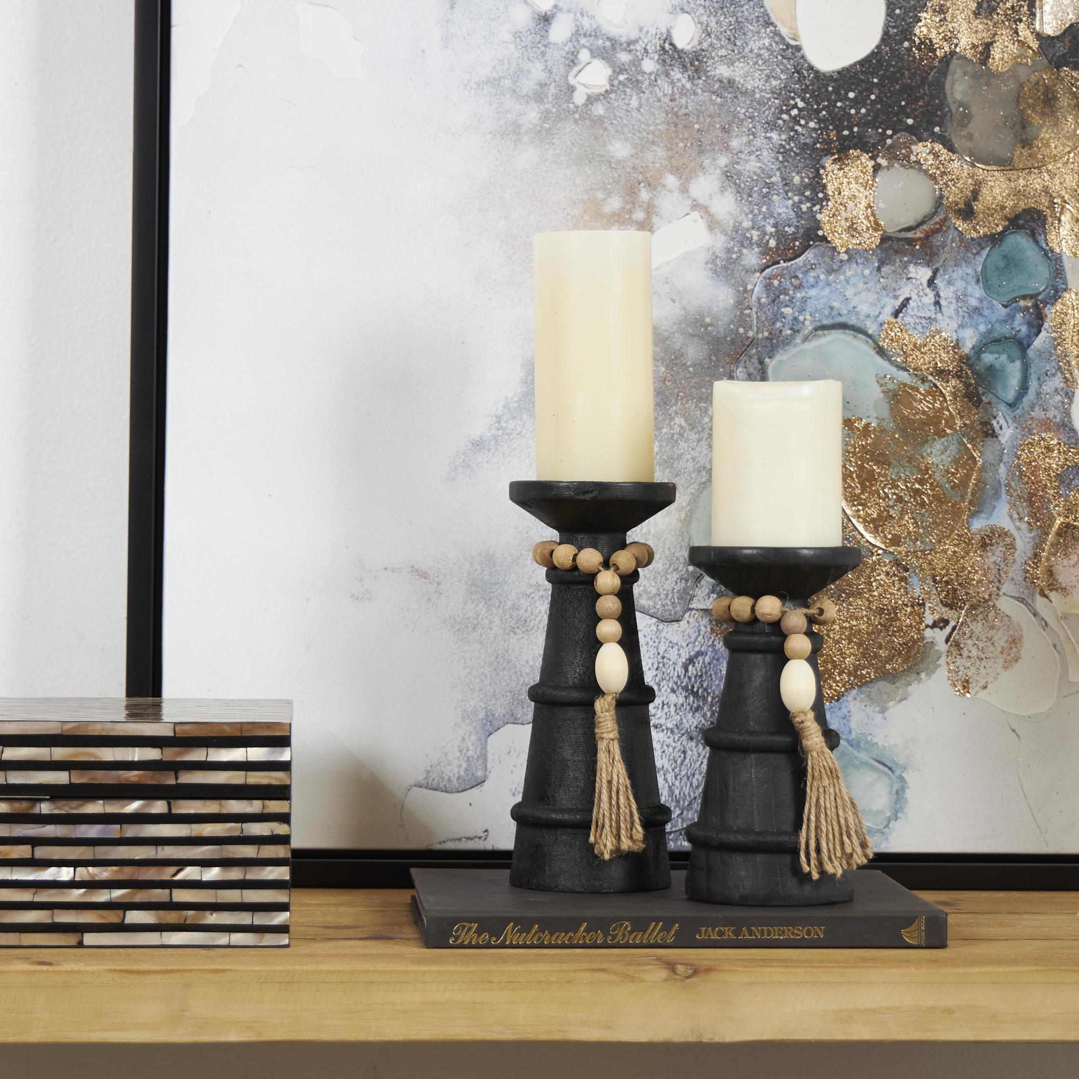 DecMode 2 Candle Black Wood Handmade Textured Matte Candle Holder with Beaded Garland Accent, Set of 2