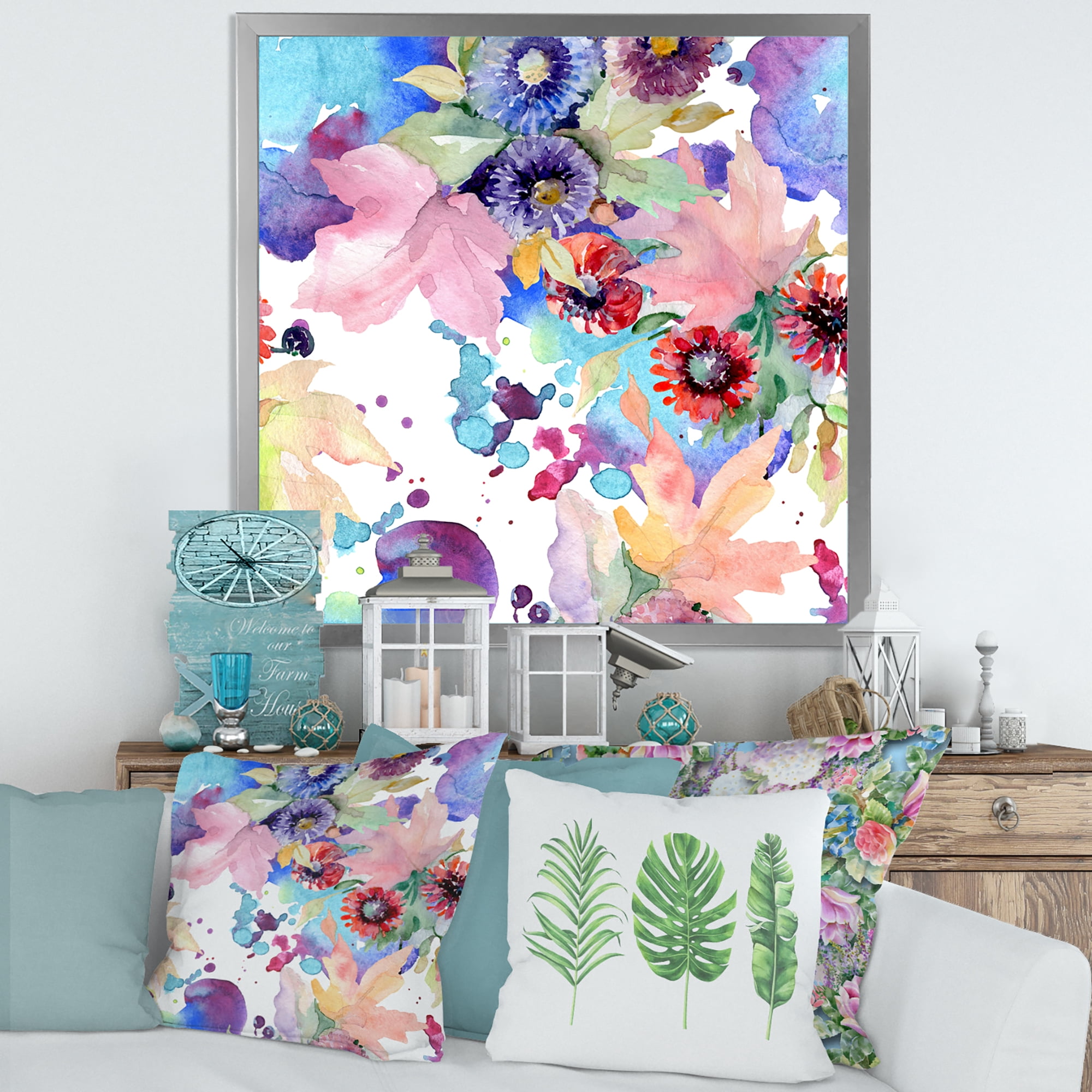 Wildflowers and Vibrant Wild Spring Leaves VIII 30 in x 30 in Framed Painting Canvas Art Print, by Designart