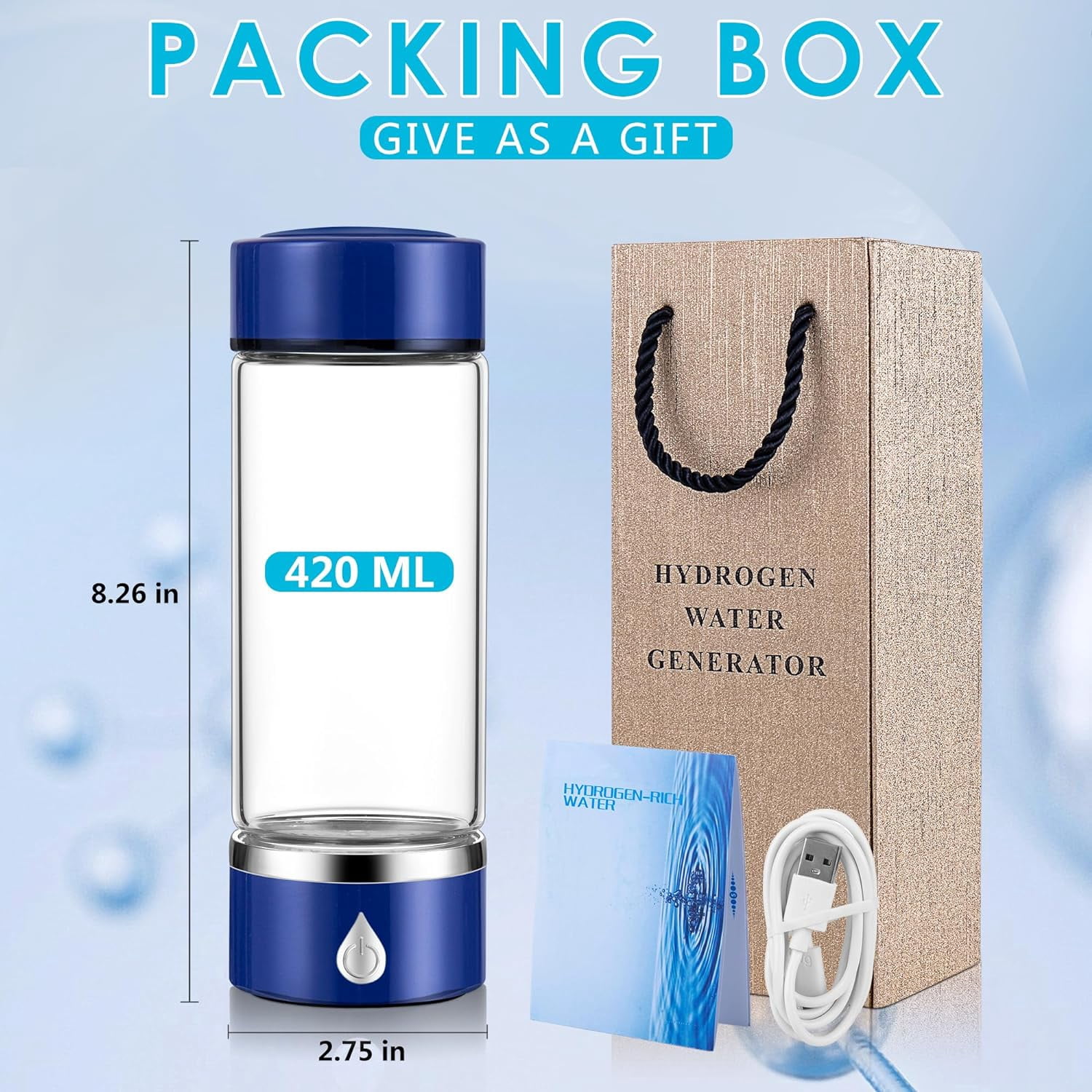 Hydrogen Water Bottle with PEM SPE Technology - 2024 for Men Women - A Portable Rechargeable Hydrogen Water Generator with Gift Box, Hydrogen Water Ionizer Machine for Home Office Travel (Silver)