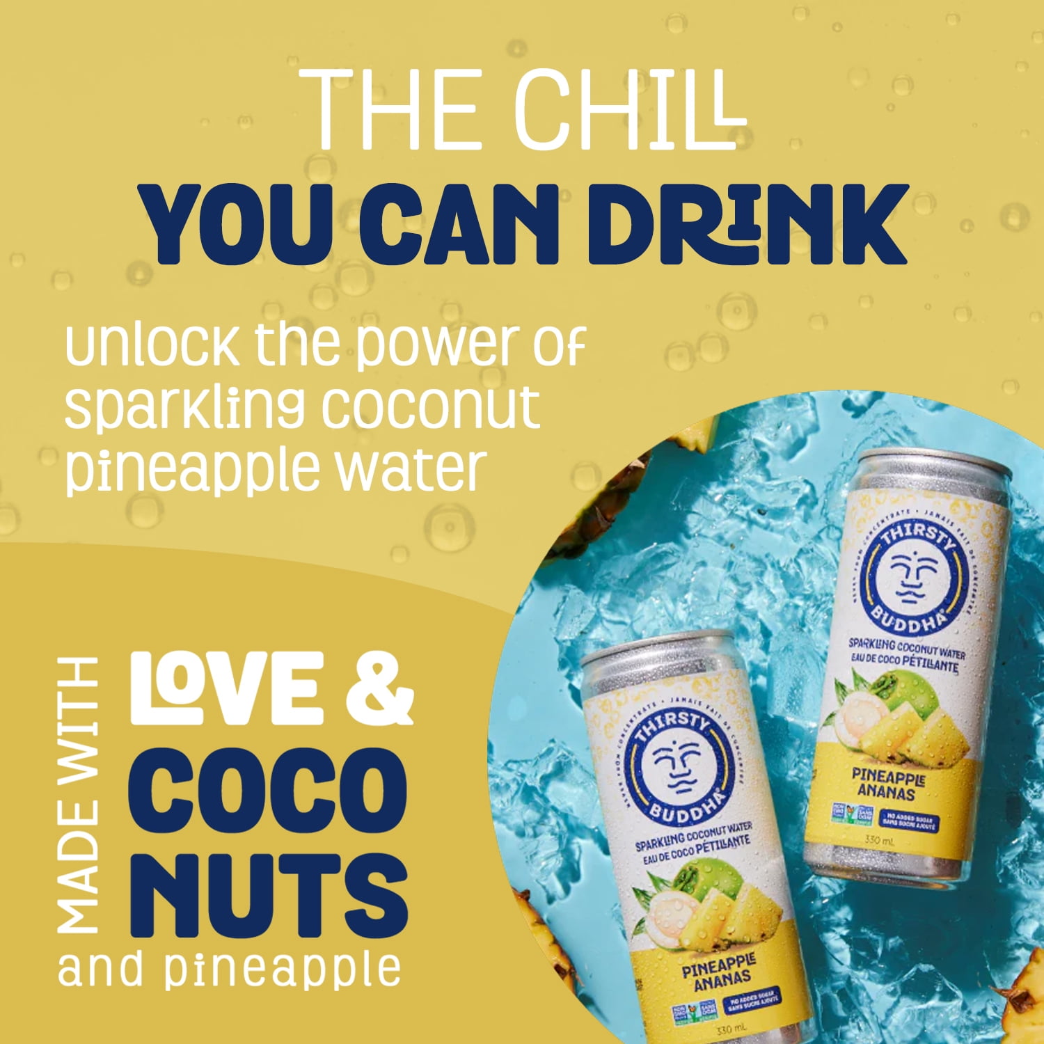 Thirsty Buddha Sparkling Coconut Water with Pineapple, No Sugar Added, Non-GMO, 330ml, Vegan Certified, Can, Sparkling Coco Water Pineapple