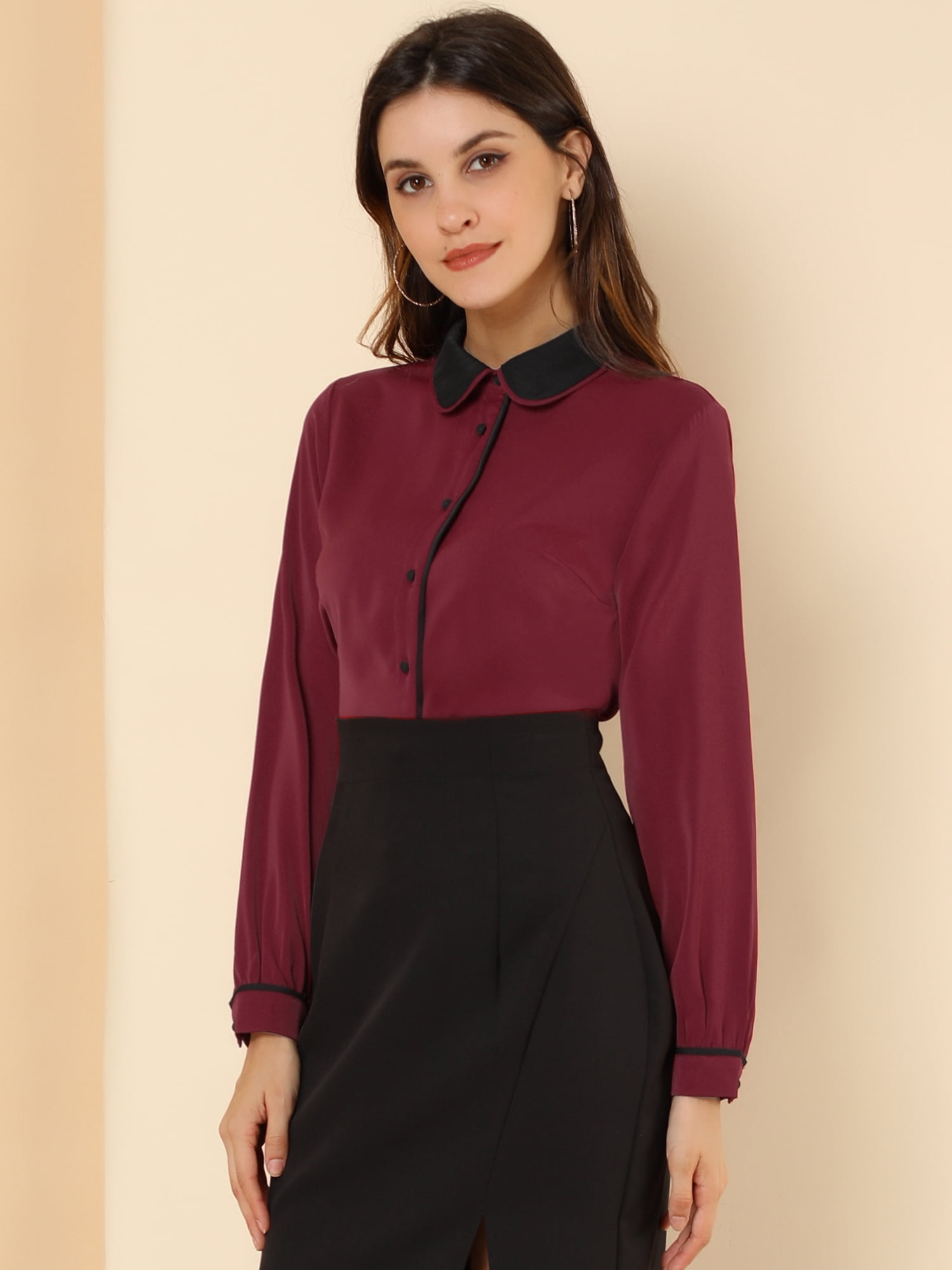 DARING DIVA Women's Button Down Long Sleeve Peter Pan Collar Blouse L Burgundy