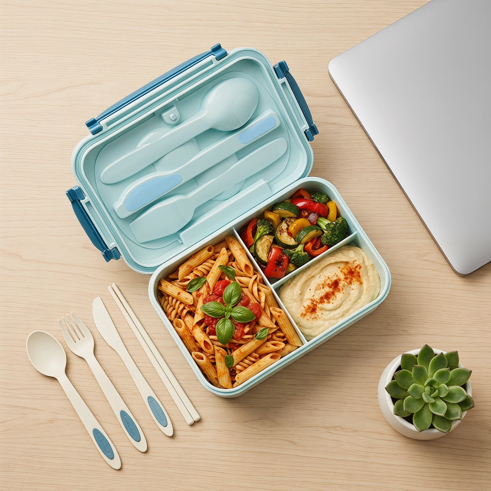 Unique Bargains 3-Compartment Leak-Proof  Lunch Bento Box with Utensils Royal Blue-1