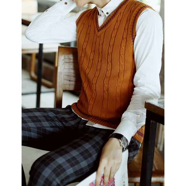 Qertyioot Pull Col en V pour Hommes Débardeur d'Été Tricoté Rayé Slim