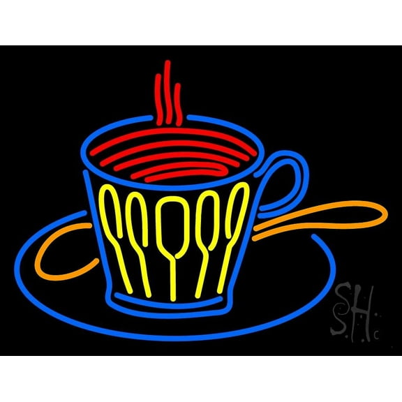 Coffee Glass With Spoon LED Neon Sign 15 x 19 - inches, Black Square Cut Acrylic Backing, with Dimmer - Bright and Premium built indoor LED Neon Sign for café and stroefront.