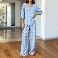 thumbnail image 5 of Women's Summer Polka Dot Printed 2 Piece Loungewear V Neck Long Sleeve Top & Loose Wide Leg Long Pants with Pockets Soft Casual Matching Pajama Set Light Blue, 5 of 6