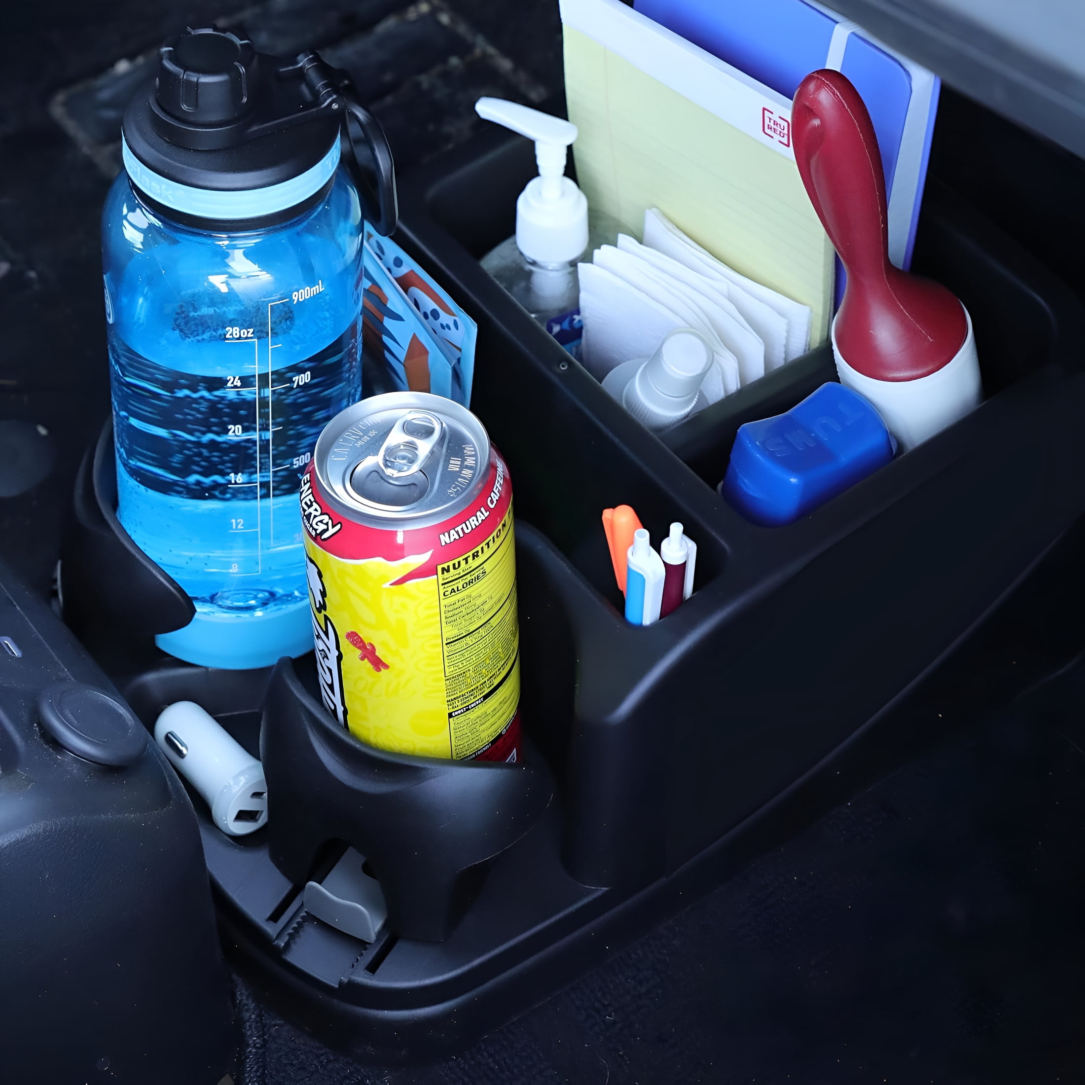XIBUFE Car Console Organizer,Car Seat Organizer with 2 Adjustable Cup Holders,3 Large Storage Compartments,Seatbelt for Secure Hold,Vehicle Middle Seat Organizer for Cars,Trucks,Minivans