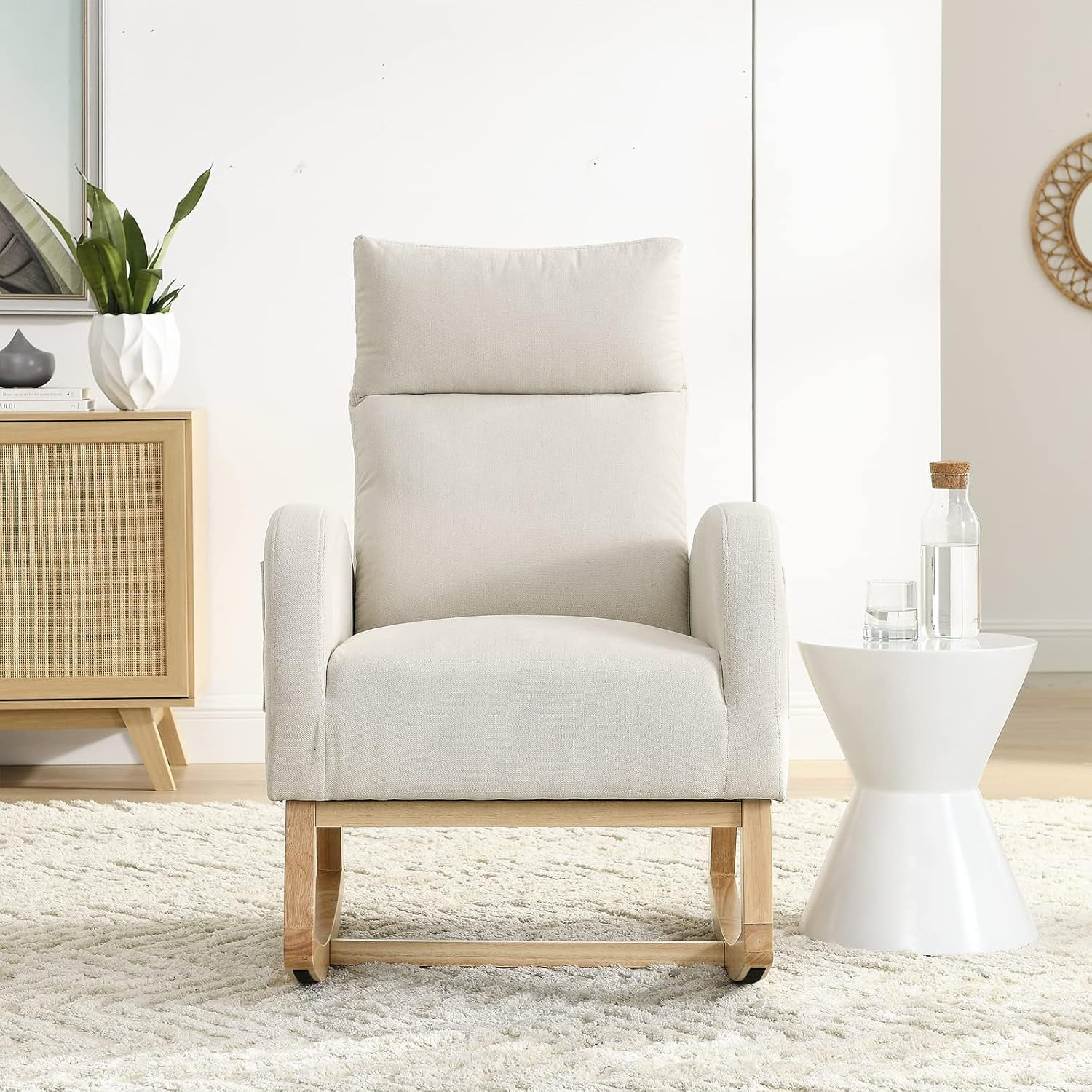 Nursery Rocking Glider Chair, Modern Fabric Tall Back Accent Rocker Chair Upholstered Arm Chair w/Side Pockets, Modern Leisure Single Sofa for Living Room, Hotel, Bedroom, Office, Grey