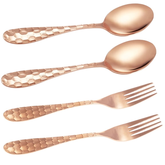 Wollet 99.9% Pure Copper Spoon Fork, Hand Hammered，7'', Solid Copper Tableware, Set of 4