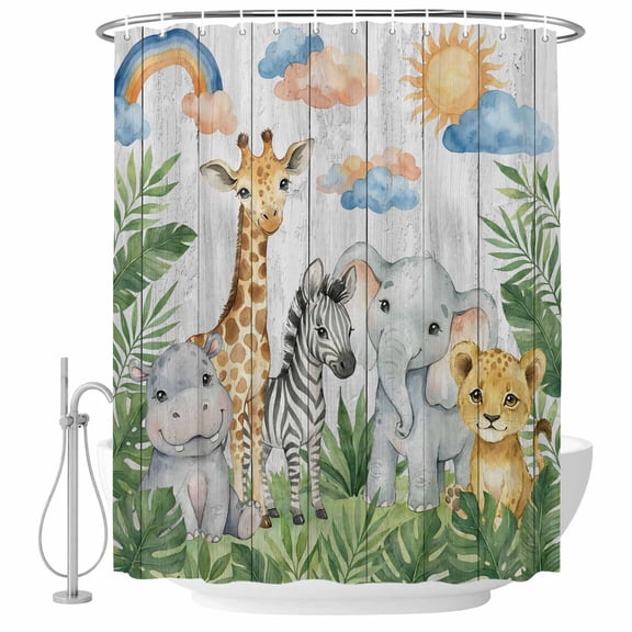 Cute Animals Shower Curtains for Bathroom, Waterproof Fabric Bath Curtains Decor, Bath Tub Curtain Cartoon Summer Botanical Palm Leaves Decorative Shower Curtain Sets with 12 Hooks, 72x72 Inch
