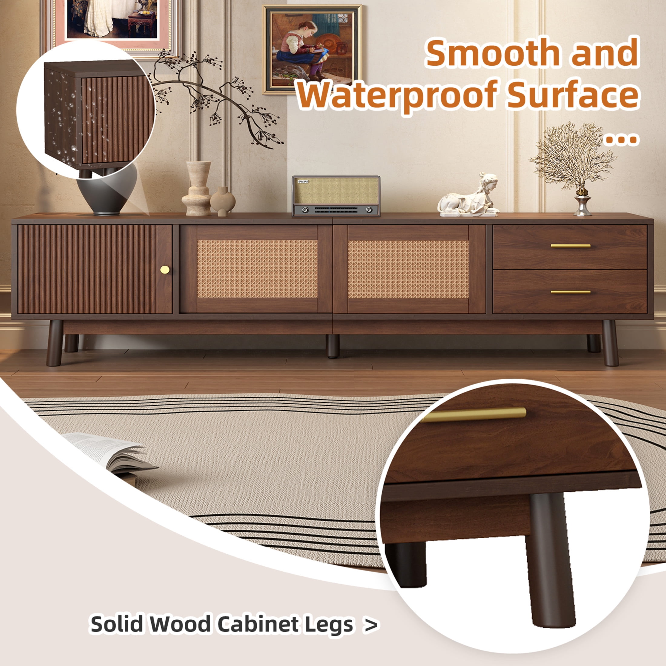 Noble House Mid Century TV Stand for TVs up to 80", Storage Cabinets and Drawers, Dark Brown
