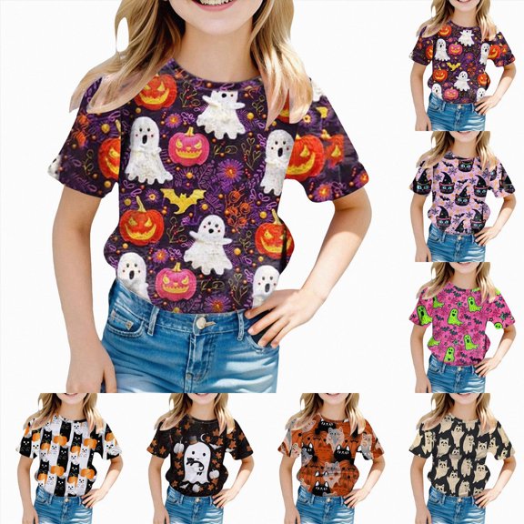 newwalpole Toddler Baby Girl Halloween T-Shirts Cutest Pumpkin in The Patch Graphic Shirts Kid Short Sleeve Tees Vintage Top (Pink, 6-7 Years)