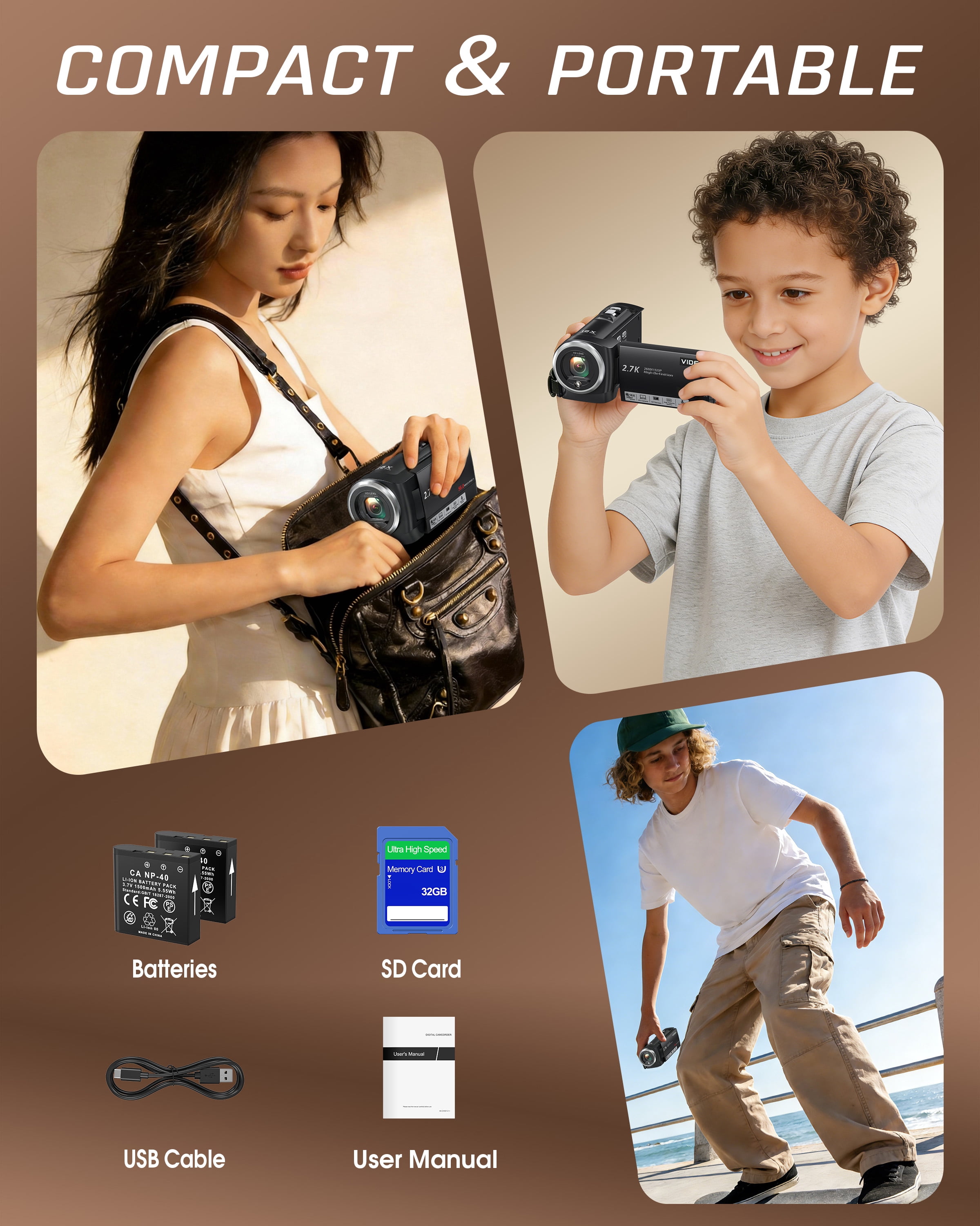 Video Camera 2.7K Camcorder 56MP 16X Zoom Vlogging Camera for YouTube