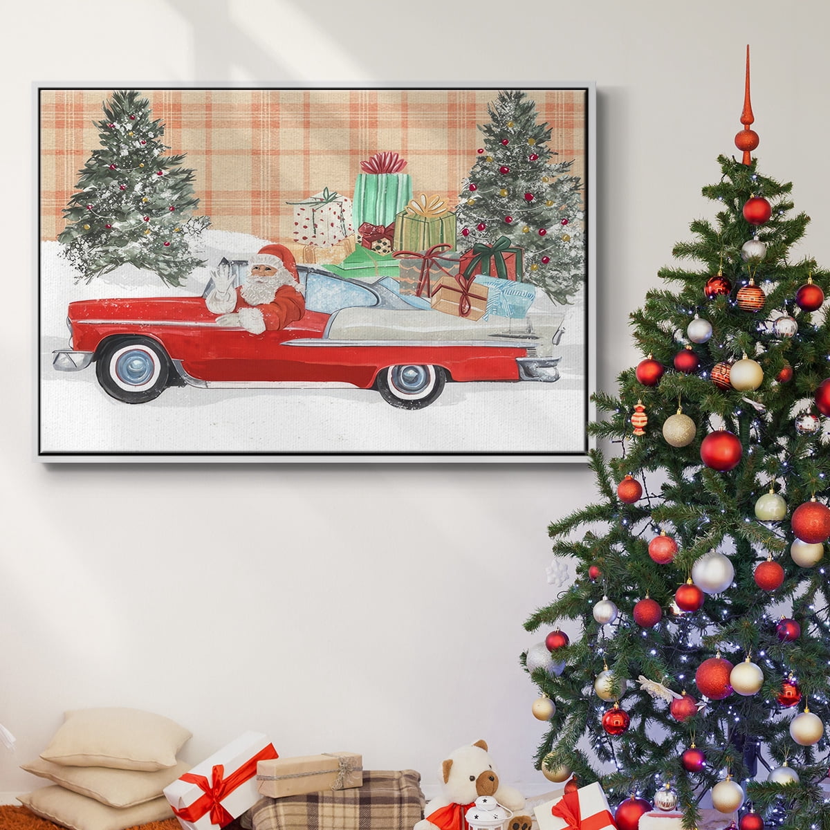 Santa on Wheels II - Framed Gallery Wrapped Holiday Canvas - 27 x 41 - White Frame