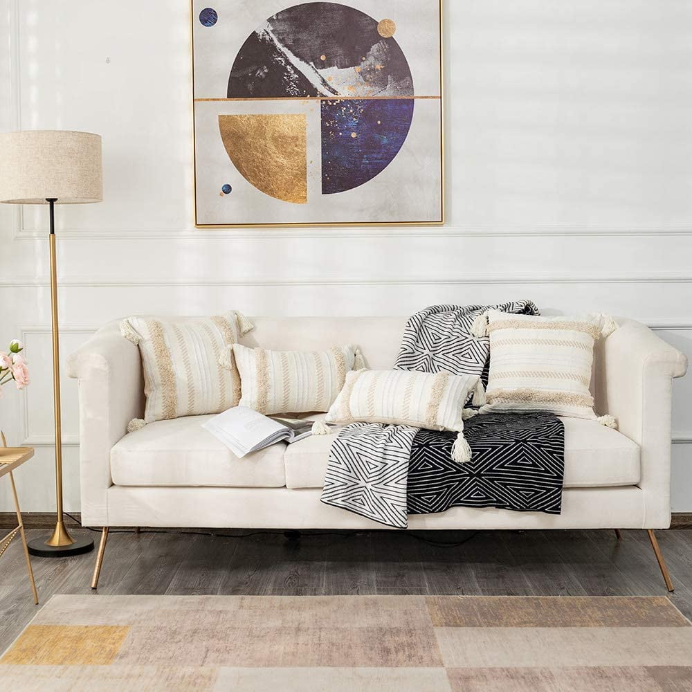 Boho Decorative Throw Pillow Cover, 20 x 20 Farmhouse Cute Pillowcase Minimalist Neutral Collection Cream White Tufted with Tassels Woven Square Cushion Cover for Sofa Couch Bedroom Living Room,1pc