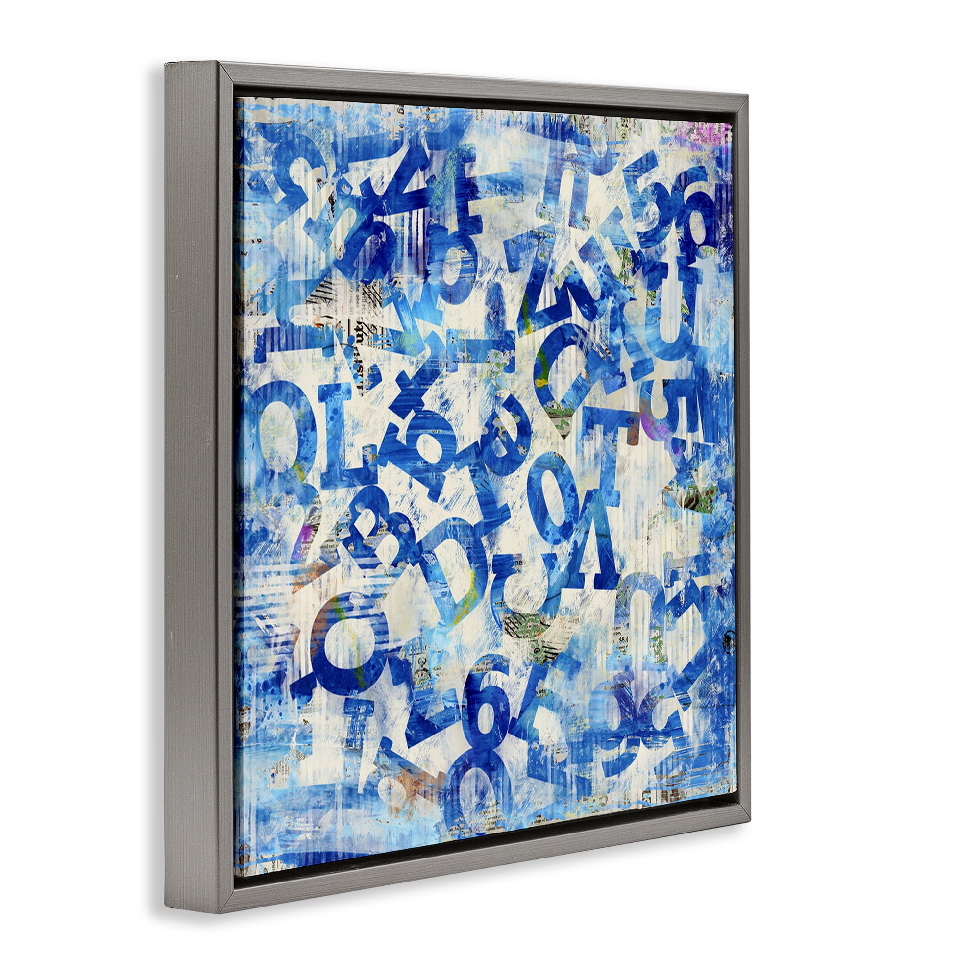 Stupell Industries Blue Letters Arrangement Abstract Painting Gray Floater Framed Canvas Art Print Wall Art, 18 x 18