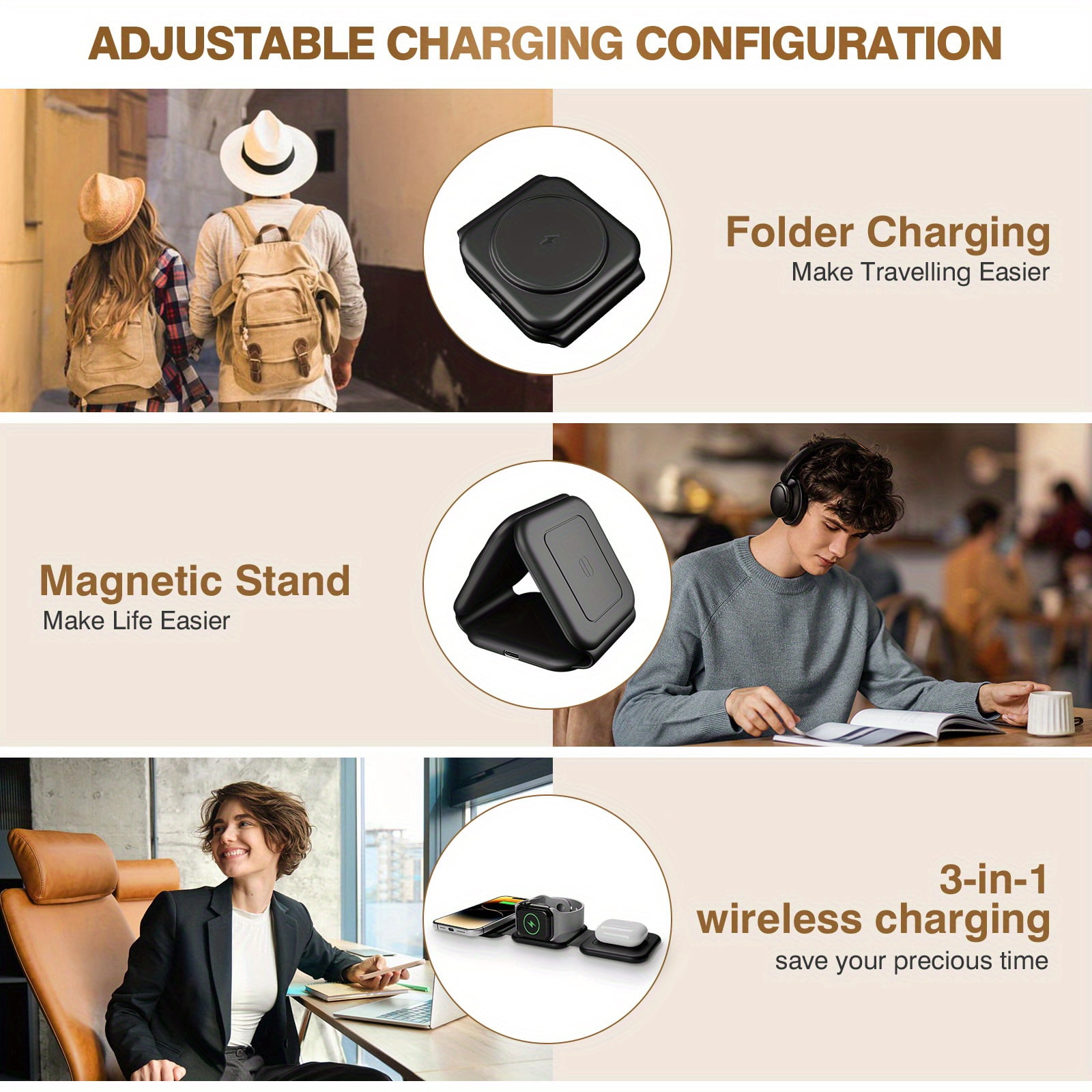 Magnetic 3-in-1 Wireless Charging Station, Foldable Fast Charger for iPhone 17/16/15/14/13/12 Series, iWatch 2-11/SE/Ultra, AirPods 2/3/Pro