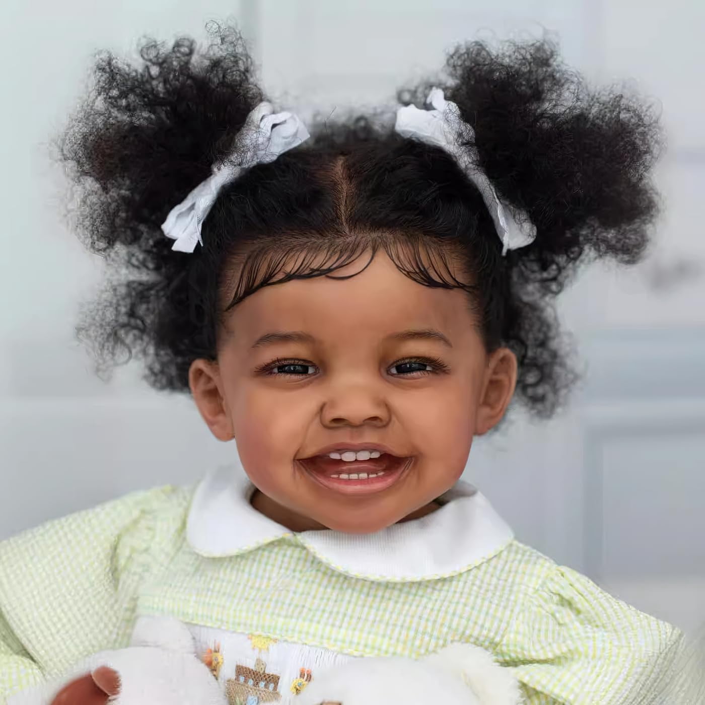 24Inch  Lifelike Reborn Baby Dolls Girl Sweet Smiling Rooted Curly Hair That Look Real , Realistic Newborn Baby Doll Toddler Collectible Art Doll in Dark Brown Skin