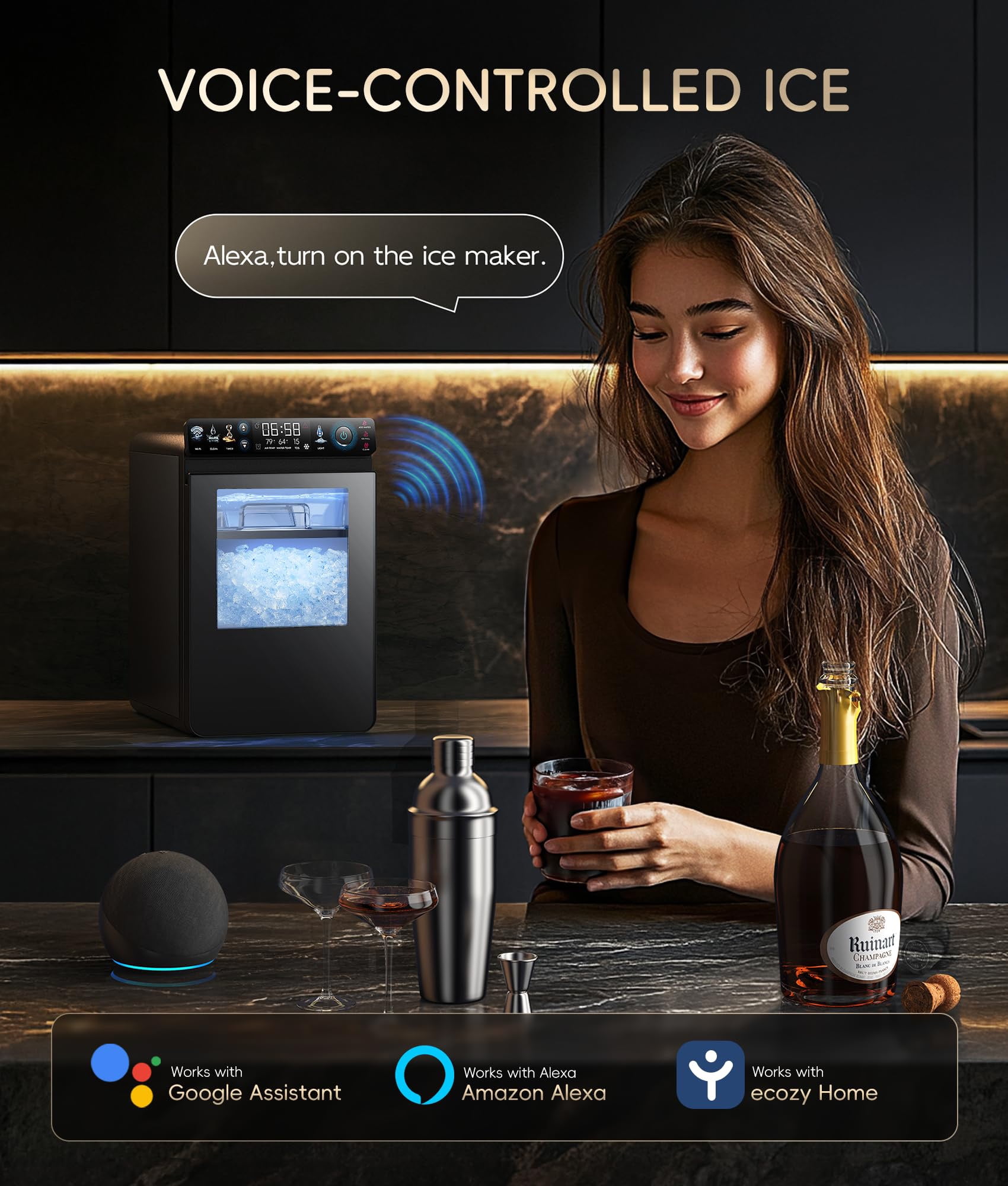 Ecozy Chillio Nugget Ice Maker with Smart App Control, Pebble Sonic Ice Machine Countertop, 44LBS Per Day Chewable Soft Pellet Ice