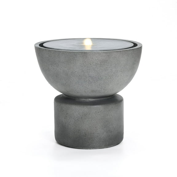 LuxenHome Gray with Speckled Black Resin Round Bubbler 18.5" Tall Outdoor Fountain with Lights