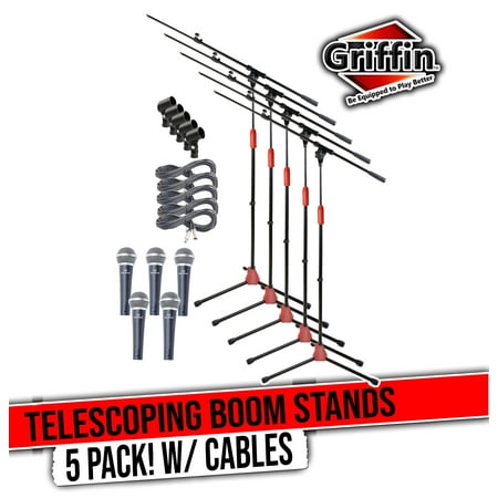 Telescoping Microphone Stand Package with Vocal Unidirectional Mics and XLR Cables (5 Pack) - by Griffin Handheld Cardioid Dynamic Microphones for Studio Recording and Stage Singing 20FT XLR Mic Cords
