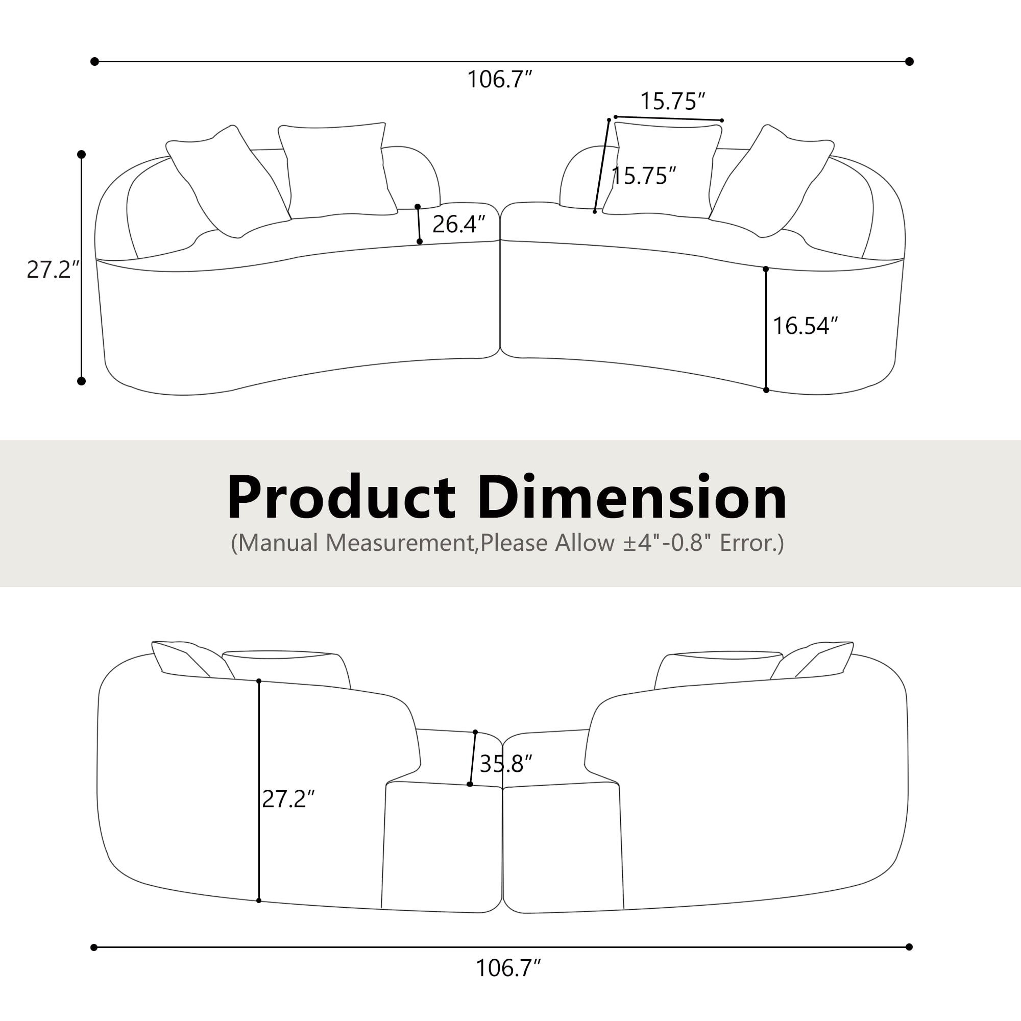 Curved Four Seater Sofa 106.7 Inch, Teddy Velvet Fabric Compression Sponge Couch, No-Assembly Compact Sofa for Apartments, Cloud-Like Comfort, White