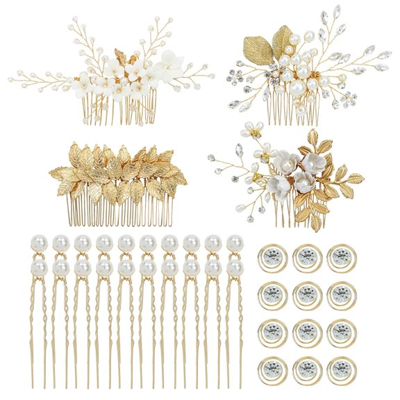 36 Pack Gold Flower Leaf Bridal Wedding Hair Side Combs U-shaped Pearl Hair Pins Spiral Twist Rhinestone Hair Clips Barrettes Prom Headpieces Accessories for Brides Bridesmaids Women Girls