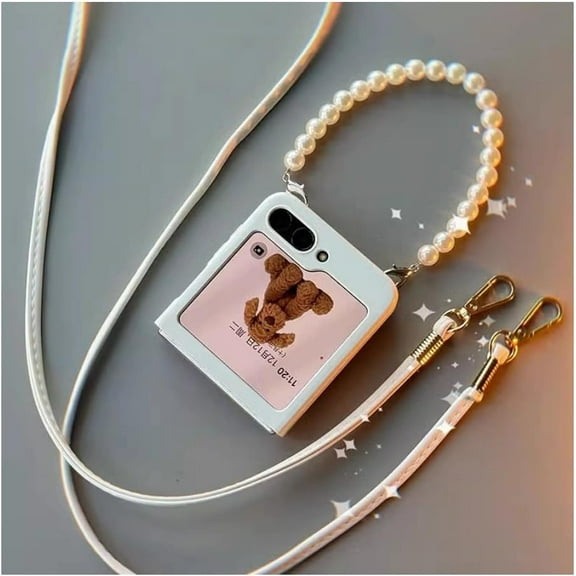 for Galaxy Z Flip 6 Women Pure White Slim Case with Stylish Leather Shoulder Lanyard and Bracelet Wristband, Girly PC Anti-Drop Full Body Hinge Protective Shockproof Phone Cases (White,Flip 5)