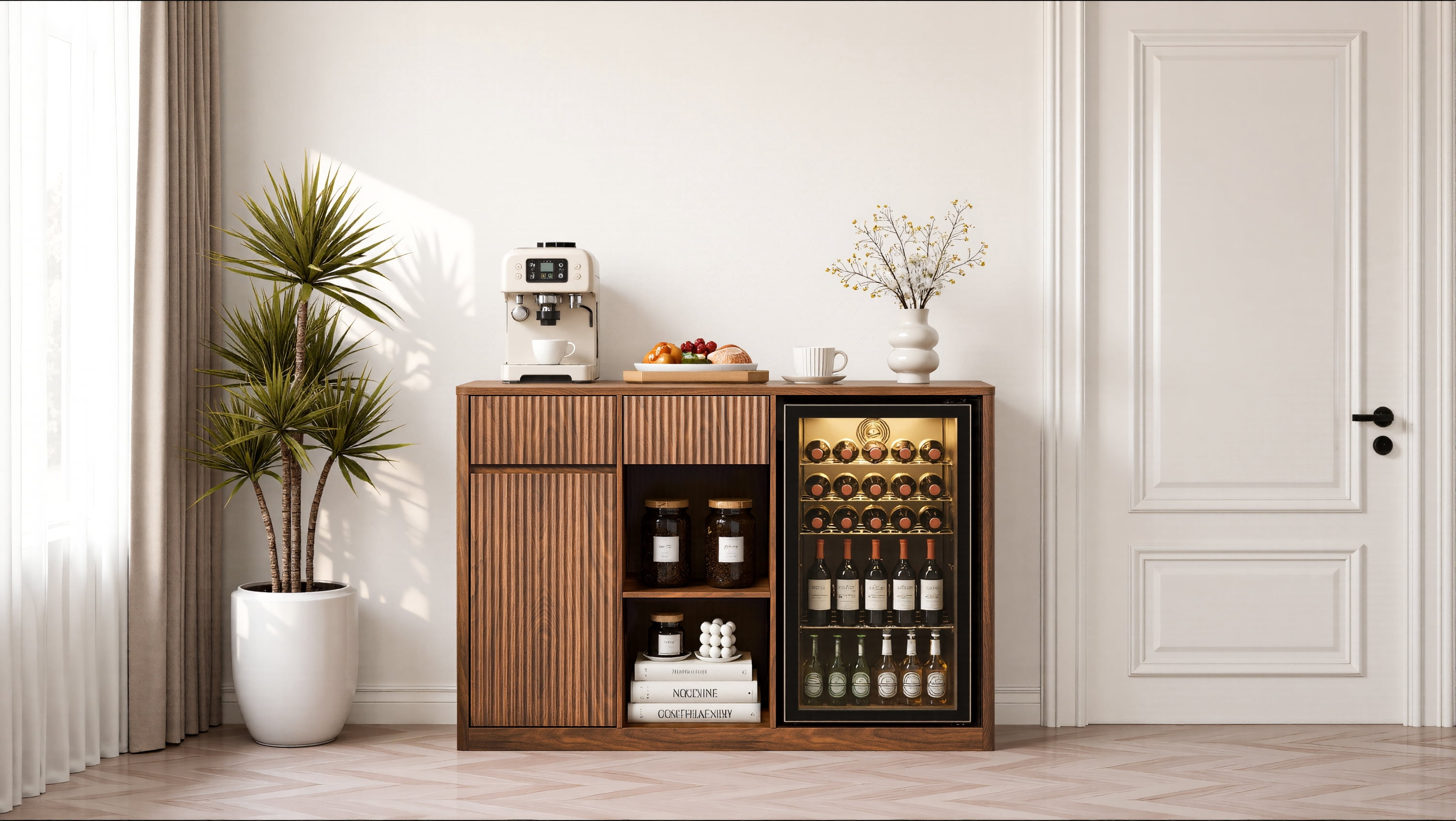 51.2" Modern Fluted Bar Cabinet with Fridge Compartment(Fridge Not Included, Adjustable Shelves & Built-in Power Outlets, Multipurpose Wine Storage Cabinet for Living & Dining Room, Walnut
