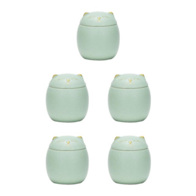 Transemion Portable Moisture-proof Ceramic Tea Jar Large Capacity And Cute Sturdy And Durable Ceramics Cat Form Ceramic Tea Jars green 150ml 5Set