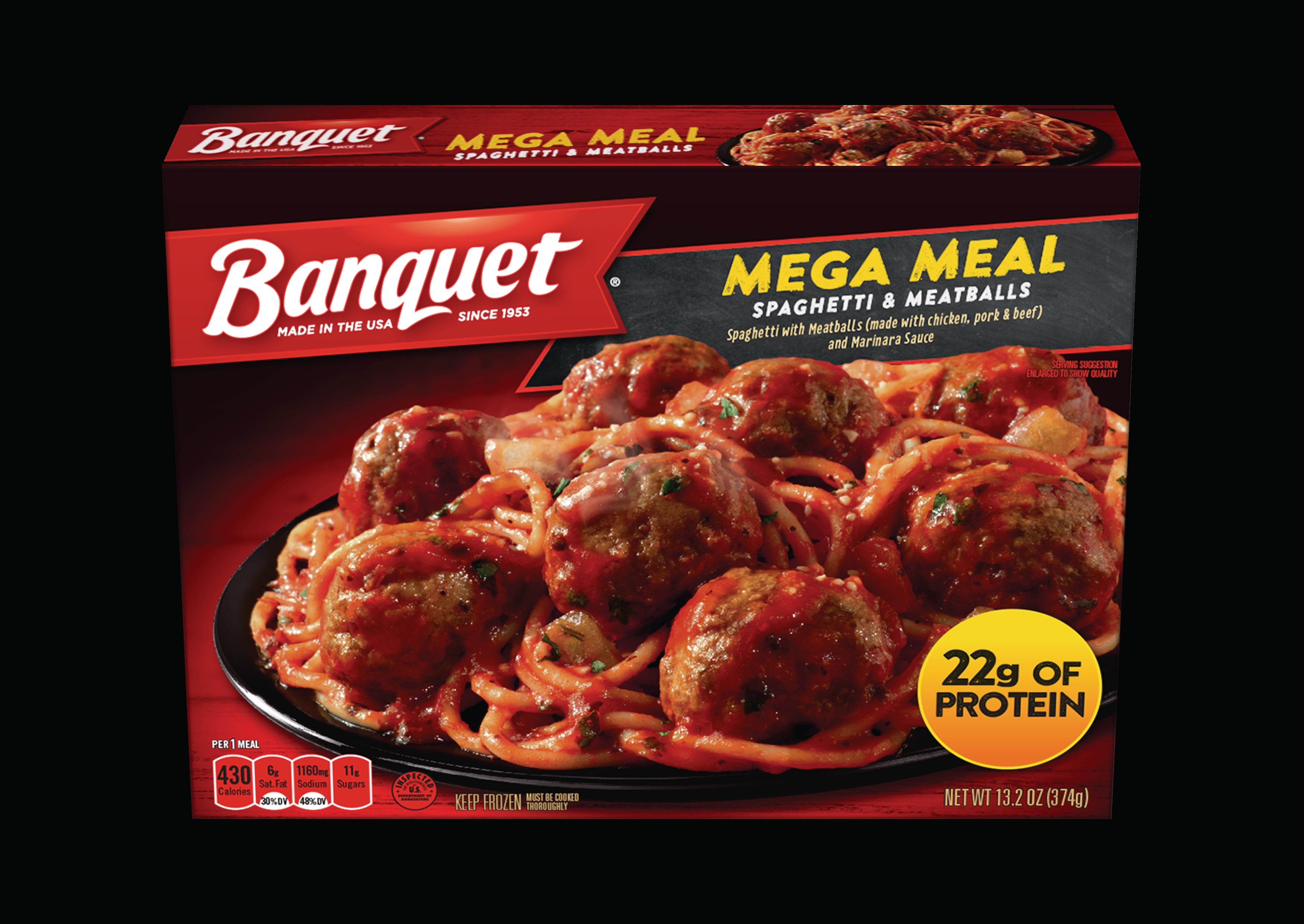 Banquet Mega Meals Spaghetti and Meatballs Frozen Dinner, 13.2 Ounce