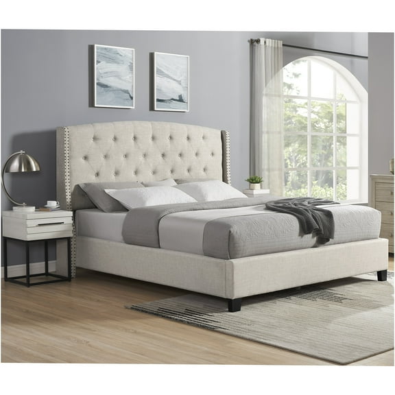 JERFIT Queen Upholstered Platform Bed with 2 Nightstands, Beige Wingback Bedroom Set, 3-Piece