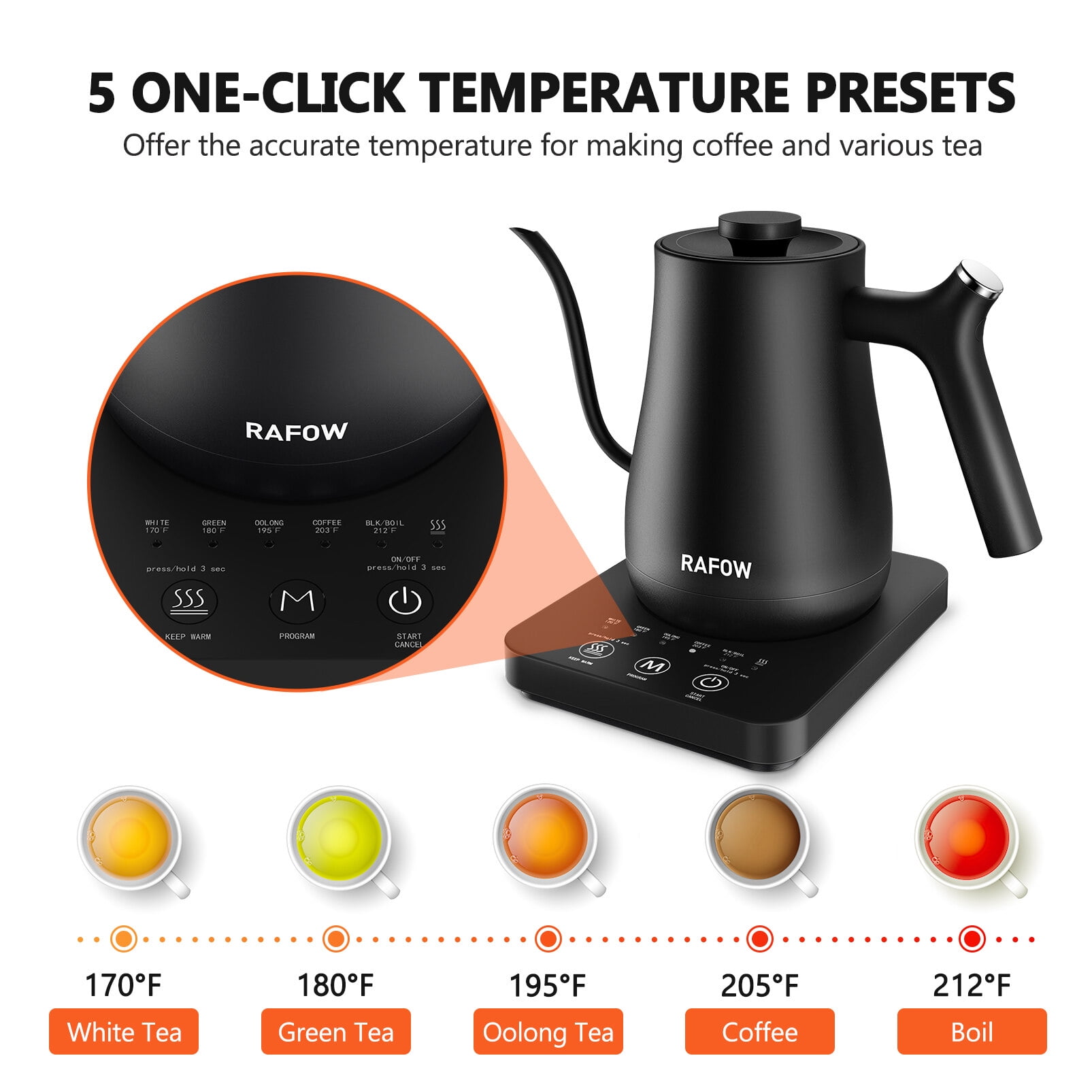 Electric Gooseneck Kettle Temperature Control 5 Presets Tea Kettle 1200W  800ML
