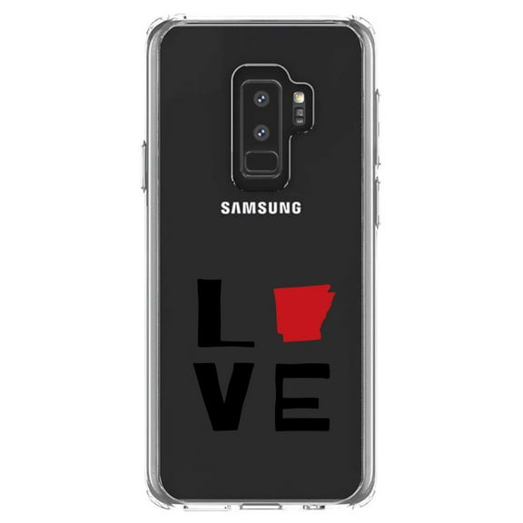 DistinctInk Clear Shockproof Hybrid Case for Samsung Galaxy S9  PLUS (6.2" Screen) - TPU Bumper Acrylic Back Tempered Glass Screen Protector - Arkansas - Love Black & Red