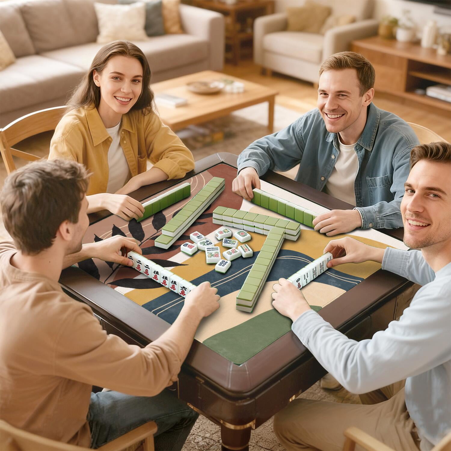 Large Square Boho Anti-Slip Mahjong Mat 31.5x31.5 Inch Rubber Table Topper with Noise Dampening for Chinese Tiles Card Games and Game Room Activities