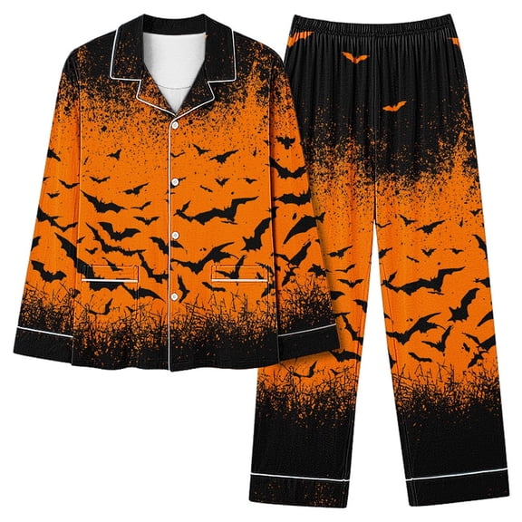 Women's Halloween Pajama Set Pumpkin Button Down Long Sleeve Print Sleepwear 2-Piece Lounge Suit with Pockets