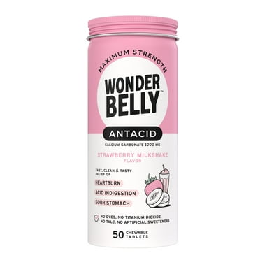 Wonderbelly Heartburn Relief Antacid Tablets, Strawberry Milkshake Flavor, 1000 mg, 50 Count