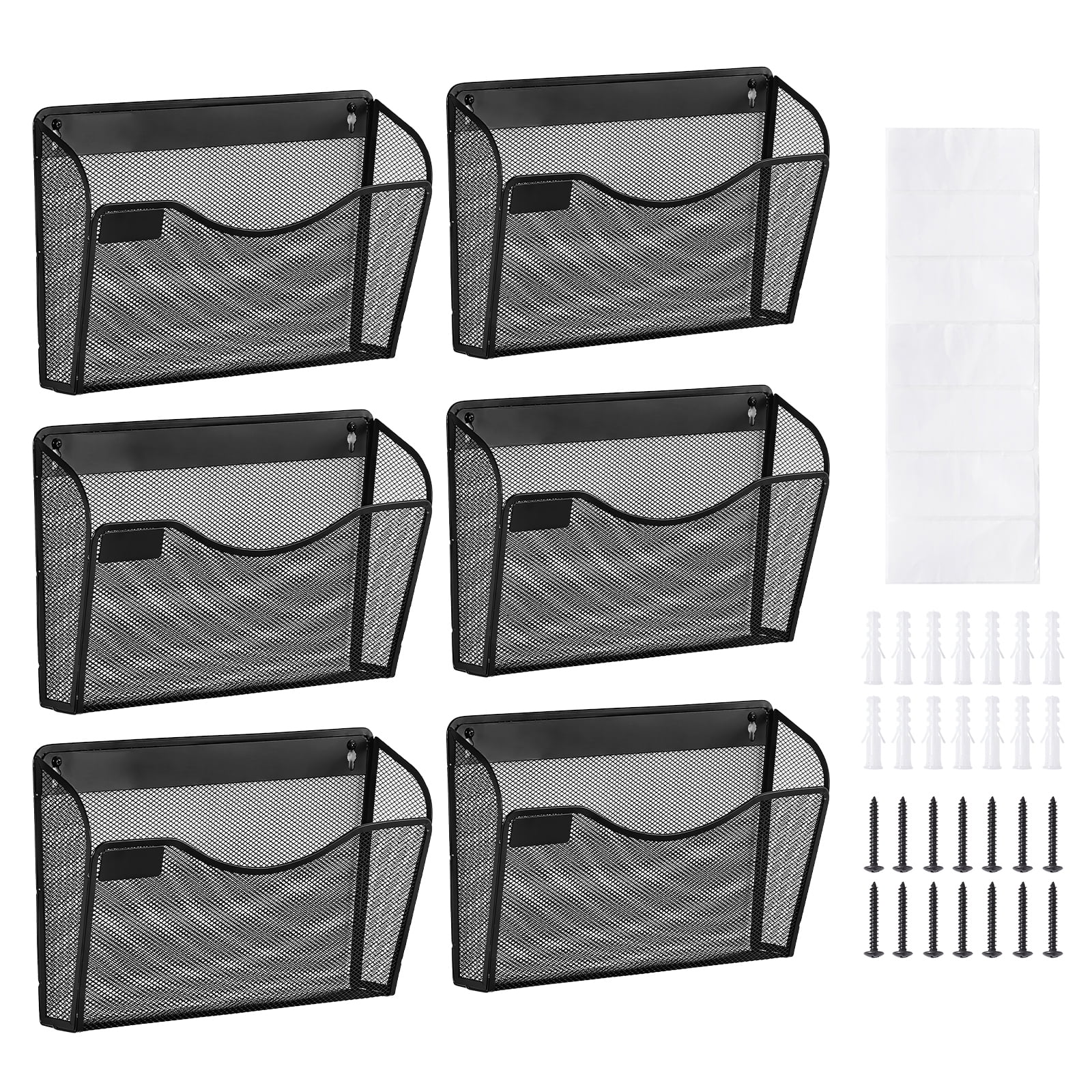 KFFKFF Wall File Rack, 6-Unit Single Pocket Mesh Organizer, Wall-Hanging Magazine, Mail, Document & Paper Storage Folder, Metal Wall-Mounted File Holder with Name Tag Slot