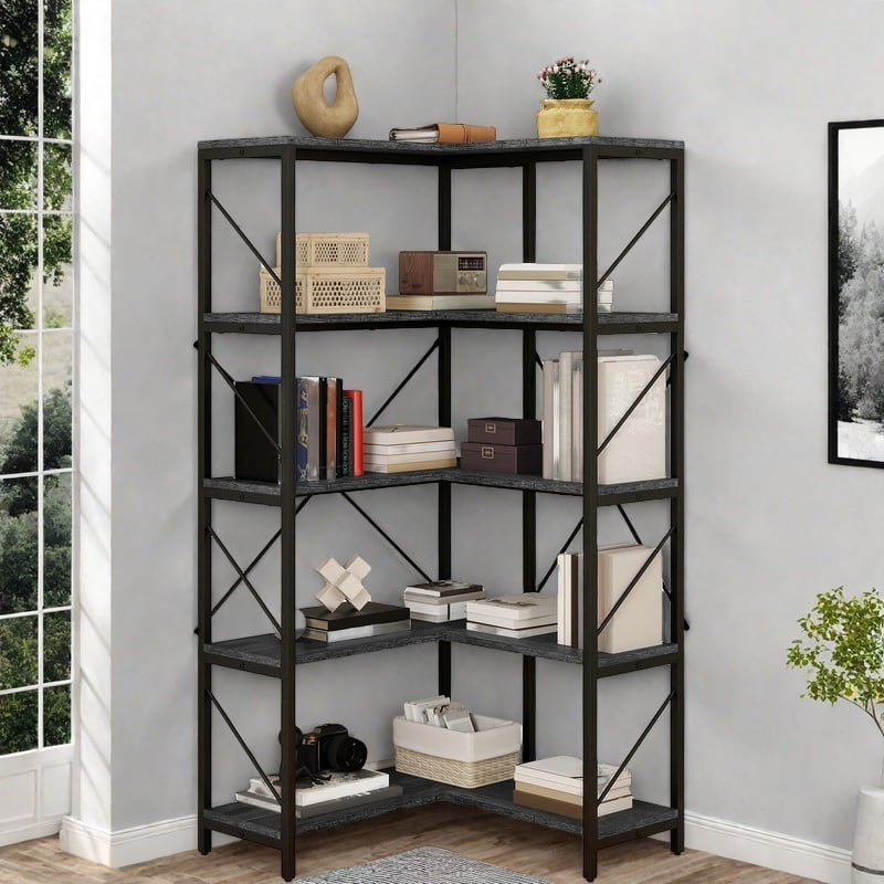 Uforic 5-Tier Corner Bookshelf, Corner Shelf Display Bookcase with Metal Frame for Home Office, Black