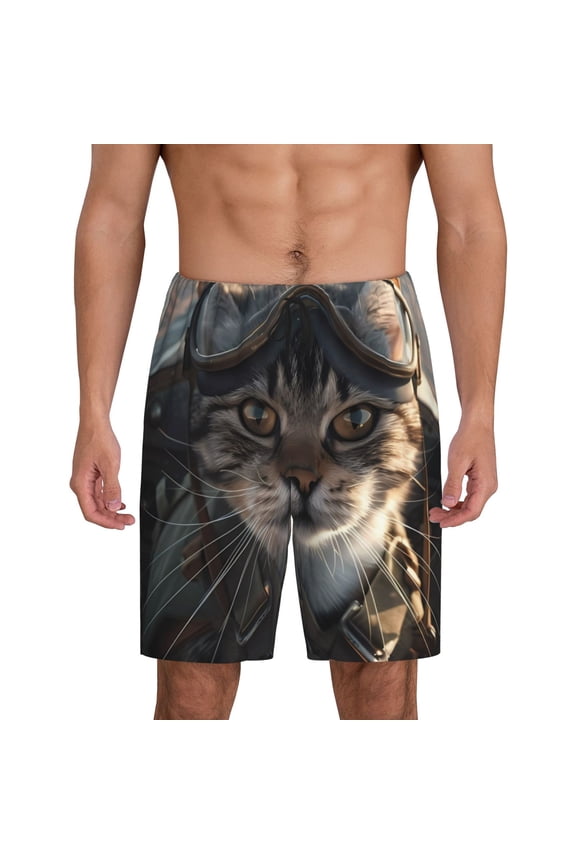 Pilot Cat In Vintage Plane Print Men's Short Pajama Pants, Elastic Pocket Summer Pajama Pants Sleepwear, Lounge Pants-X-Large
