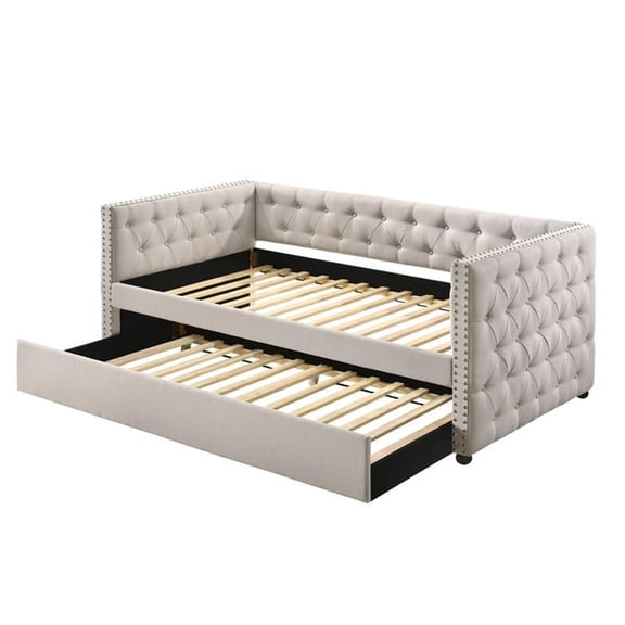 Bowery Hill Button Tufted Fabric Upholstered Full Daybed and Trundle in Beige